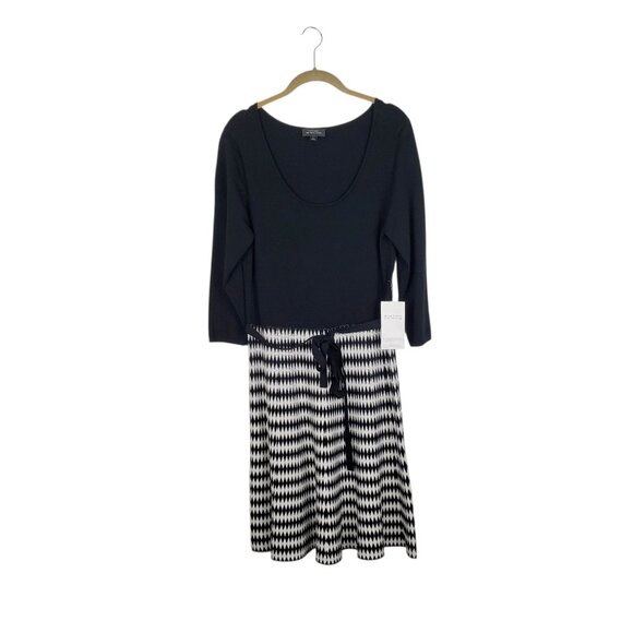 Tahari ASL NWT Sweater Dress L Black White Diamond Harlequin A-Line Knit New - Picture 1 of 8